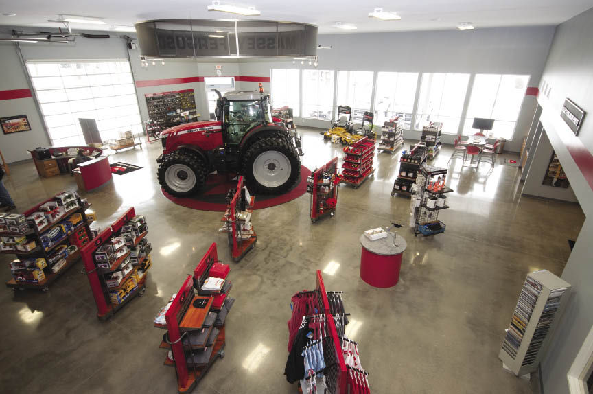 The showroom at Plevna Implement&rsquo;s new facility is spacious compared to the nearly 70-year old building it replaces. According to owner Bill Shrock, it was designed around what AGCO calls the &ldquo;Massey Ferguson Retail Experience.&rdquo;
