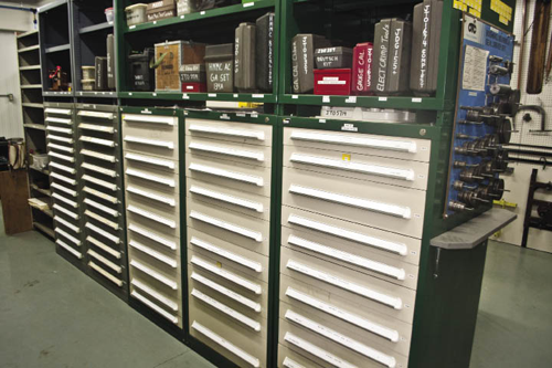One facet of the parts and service area that immediately stands out are the rows and rows of top-of-the-line Stanley Vidmar storage cabinets.