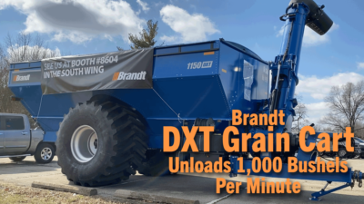 Brandt DXT Grain Cart Unloads 1,000 Bushels Per Minute